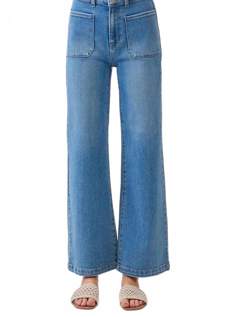 NEW LETTER TO JULIET enzo diamond pocket wide leg flare jeans in medium wash